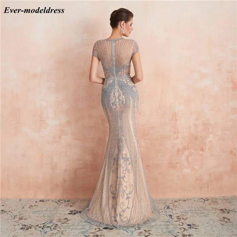Luxury Mermaid Evening Dresses Major Beading Illusion Zipper Back Sweep Train Prom Occasion Gowns Vestido De Festa