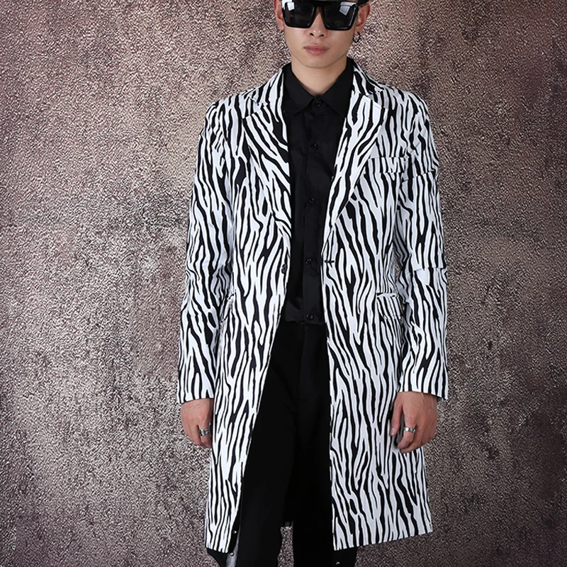 New Men Fashion Zebra Suit Jacket Mens Long Business Casual Suits Nightclub Tide Male Hair Stylist Coat Dj Stage Costume M-5XL