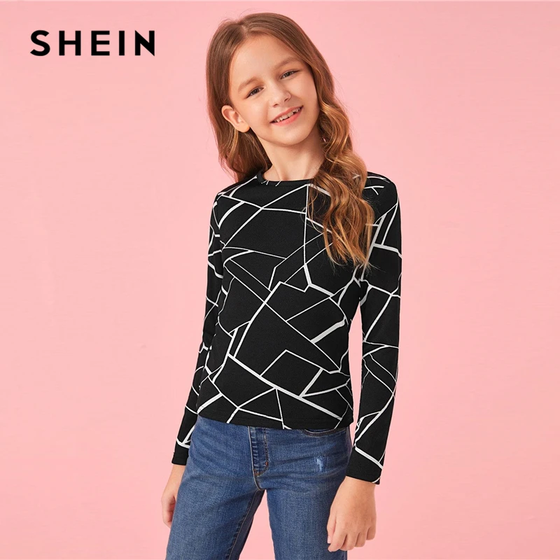 SHEIN Kiddie Black Geometric Print Kids Casual T-Shirt Teenager Clothes Autumn Long Sleeve Basic Tops And Tees For Children