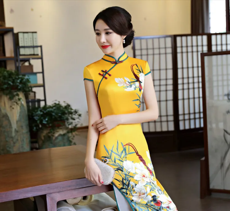 Sheng Coco 5XL размера плюс дамское длинное китайское свадебное платье Cheongsam желтое фиолетовое вечернее платье в восточном стиле 3XL 4XL 5XL