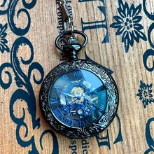 Креативные синие римские цифры перспектива открытая крышка Механические карманные часы для мужчин и женщин есть ожерелье