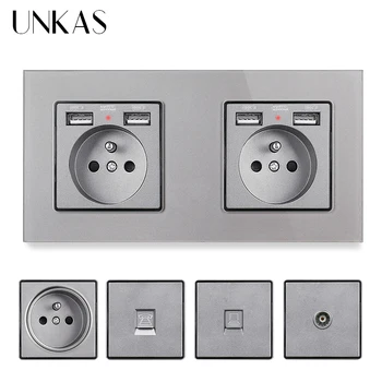 

UNKAS EU French Socket With Dual USB Port + TV RJ11 Telephone RJ45 Internet Computer Jack 172mm * 86mm Grey Glass Panel Outlet
