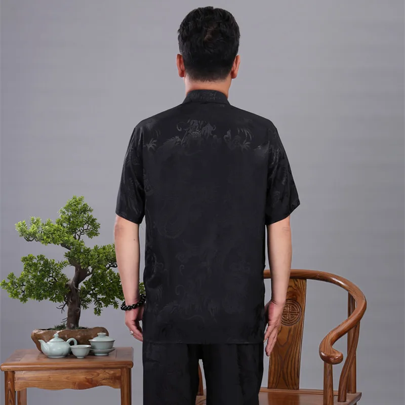 Navyblue Dragon Китайский мужской костюм кунг-фу атласная форма для ушу с короткими рукавами длинные штаны Тай Чи набор плюс размер M L XL XXL 3XL 4XL