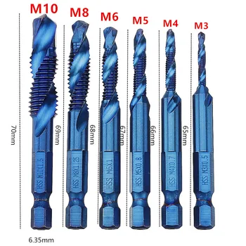 

6pcs M3-M10 1/4" hex shank Combination Drill Tap Bit Set HSS 6542 Blue Nano Coated Deburr Countersink Drill Bit For Metalworking