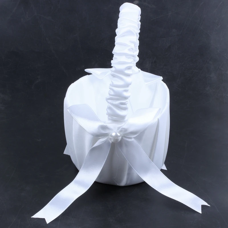 Promotion-White Satin Beaded Wedding Flower Girl Basket Bowknot Decor