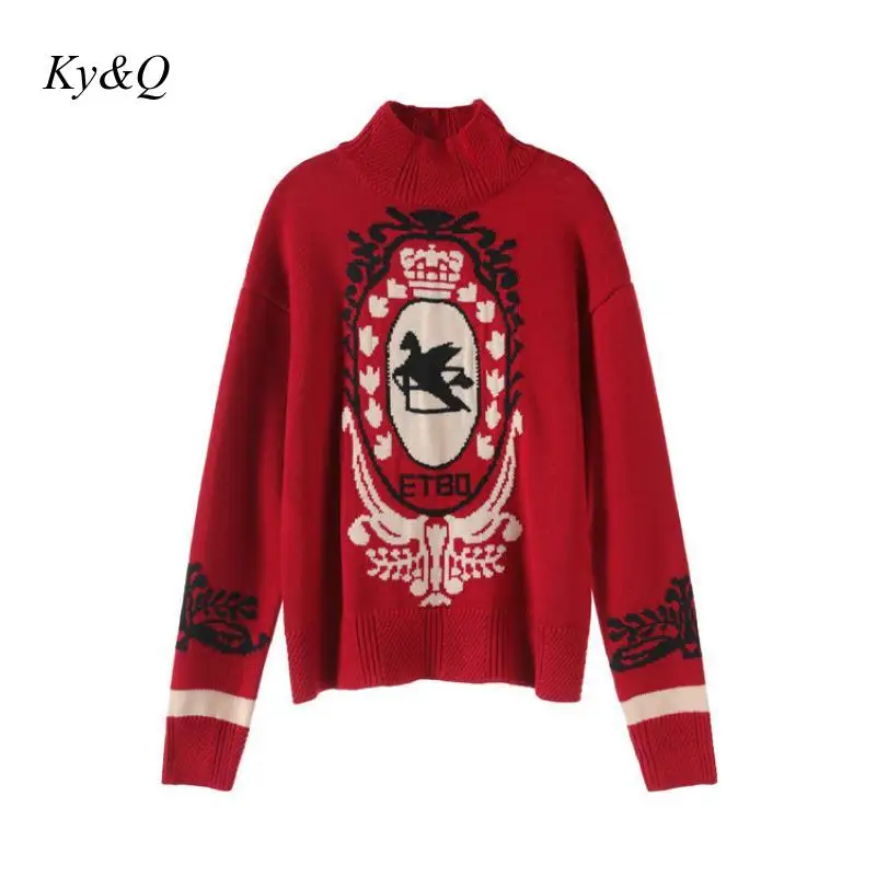 2019 Brands Runway Fashion Autumn Winter Red Badge Pattern Jacquard Long Sleeve Half High Collar Pullover Sweater Women Clothes | Женская