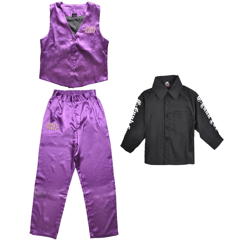 Purple 3pcs Детская Одежда для танцев в стиле хип-хоп для девочек; сценический костюм; жилет; костюм в полоску; 3 цвета; костюмы для джазовых танцев для мальчиков; DQS3656 - Цвет: Purple 3pcs