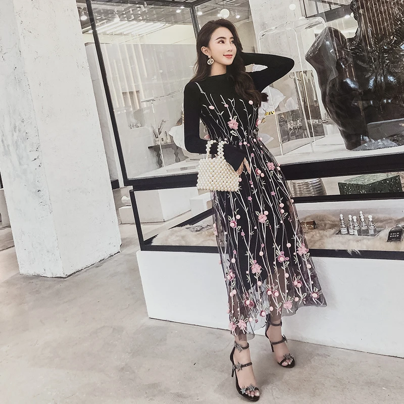 ^*Best Offers 2019 Dress Autumn Maxi Embroidery Long Women Dress O-neck Elasticity Sweater Dress Female Vestidos Mesh Full Sleeve Lace Black ^*Best Offers 2019 Dress Autumn Maxi Embroidery Long Women Dress O-neck Elasticity Sweater Dress Female Vestidos Mesh Full Sleeve Lace Black