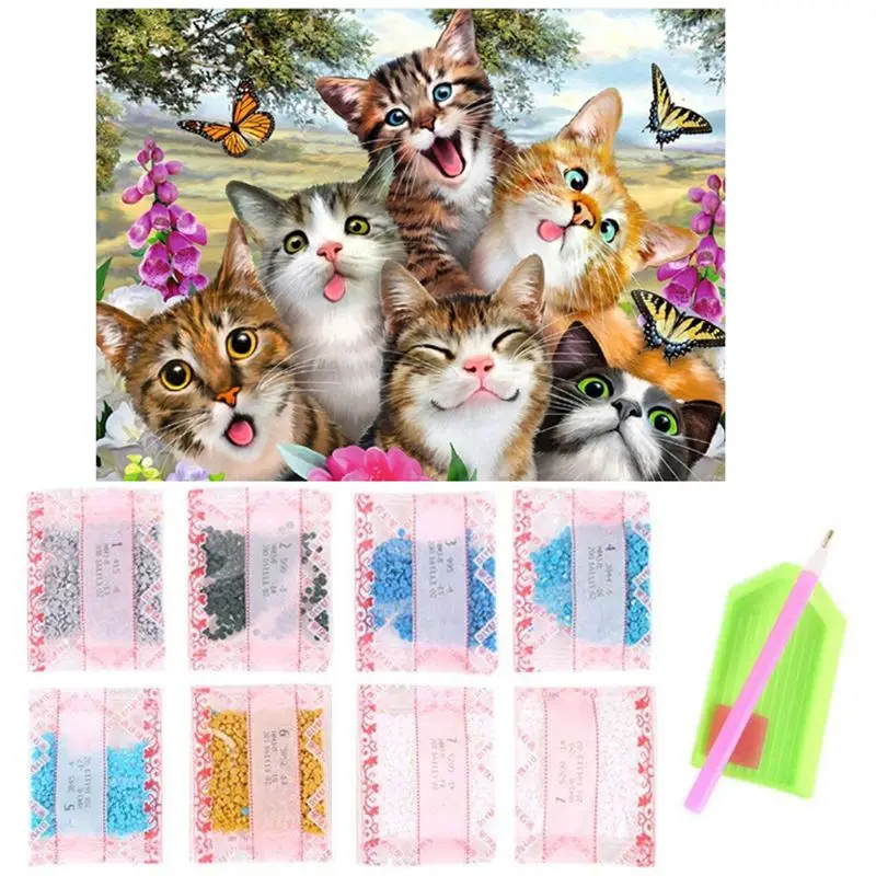 Cute cat 5D Round Shaped Diamond Painting Embroidery Needlework Rhinestone Crystal Cross Craft Stitch Kit Q6PE