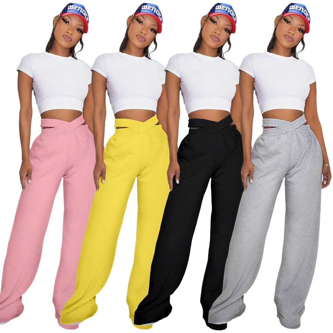 

European and American women's fashion personality solid color double waist sports and leisure wide-leg pants trousers women