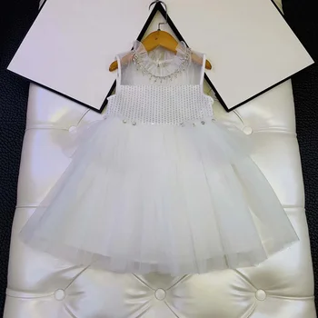 

European and American children's wear 2020 summer new style Sleeveless stud bead stand - up sequined mesh Baby girl dress