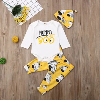 

0-2M Active Infant Kids Baby Clothes Outfits Long Sleeve Romper Tops Jumpsuit Zebra Print Pants Hats 3Pcs Outfits Autumn Casual