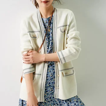 

Small Fragrance women Cardigan coat topstitch V-neck Long Sleeve Loose Knit Cardigan coat