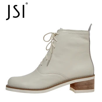 

JSI Ankle Boots Genuine Leather Casual Woman Winter Round Toe Martin Boots Ladies Square Middle High Wooden heel Boots JO624