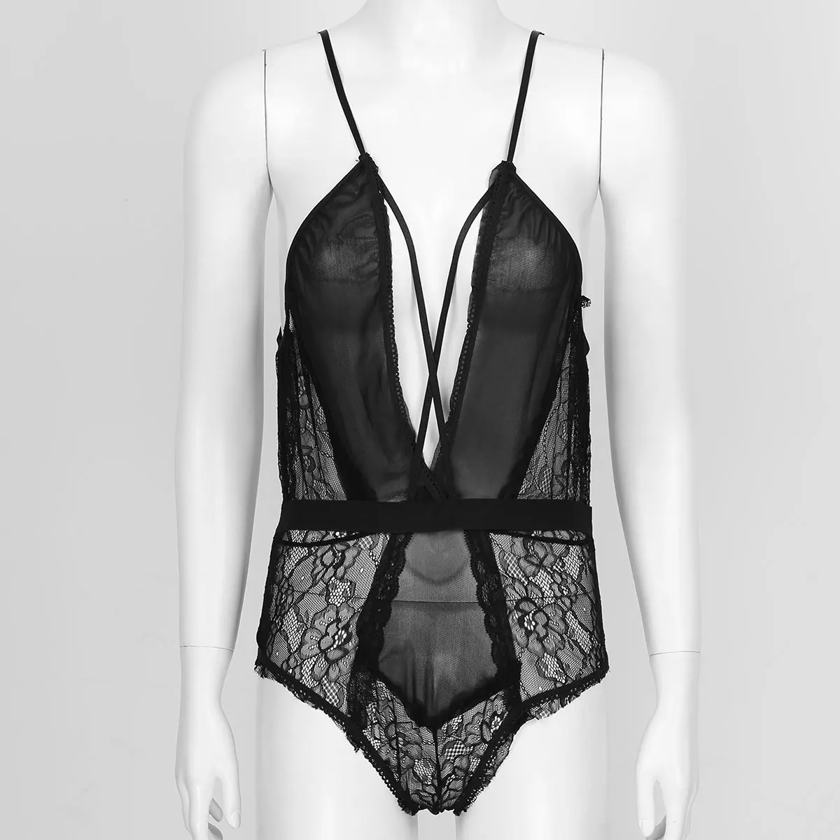 WomenSeeThroughBlackLaceMeshSheerLingerieAdjustableStrapsDeep