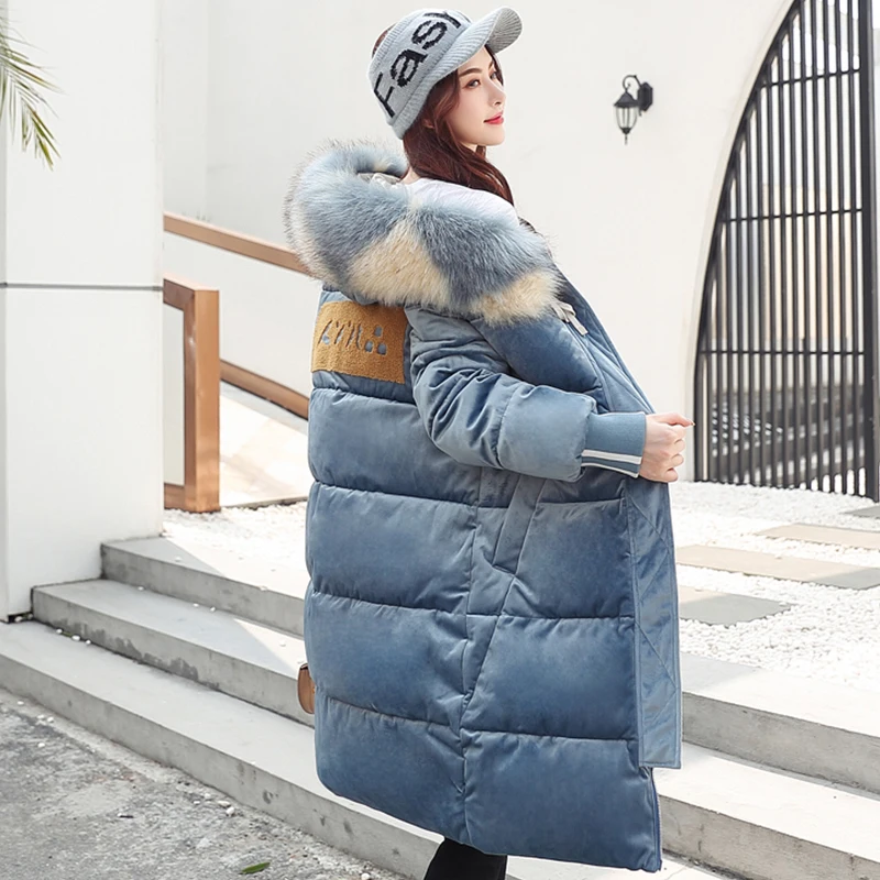 

2019 High Quality Winter Jacket Women Velvet Fabric Hooded Thicken Fur Collar Female Parka Long Warm loose Coat