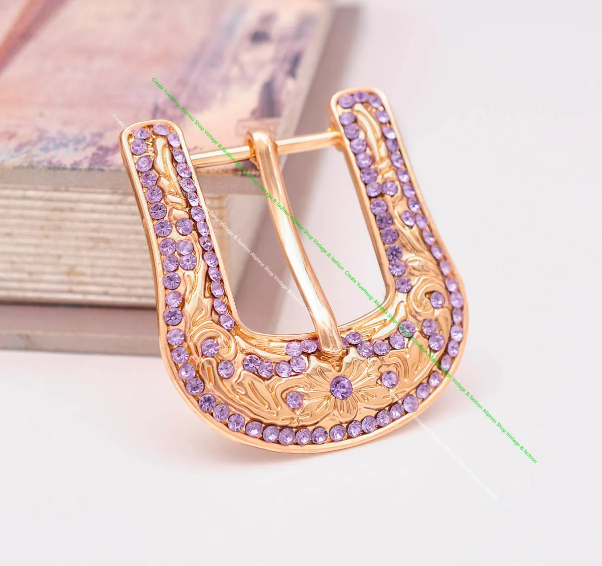 Bling Gold Western Cowboy Rodeo 3PCS Set Floral Carved Replacement Violet Rhinestone Crystal Belt Buckle Fit 30mm Strap