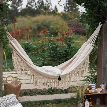 

Large 2 Person Hammock Boho Style Brazilian Macrame Fringed Deluxe Double Hammock Net Swing Chair Indoor Hanging Swing delivery