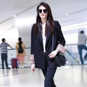

Women OL Long Sleeves Slim Workwear Blazer Coats Double-breasted Casual Ladies Outwears Spring Fashion Black Blazer Suit