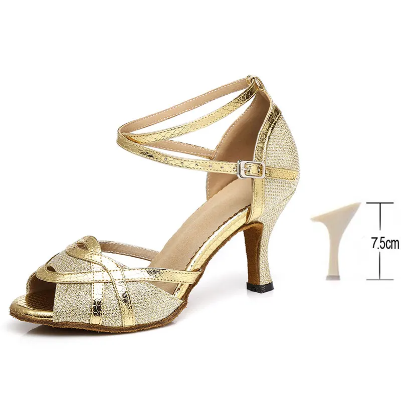 Gold 7.5CM HROYL Для женщин Латинская танцевальная обувь для женщин и девушек женская Танго танцевальные сандалии Сальса синтез пикантные вечерние туфли на высоком каблуке 4/6/705/8,5/10 см - Цвет: Gold 7.5CM
