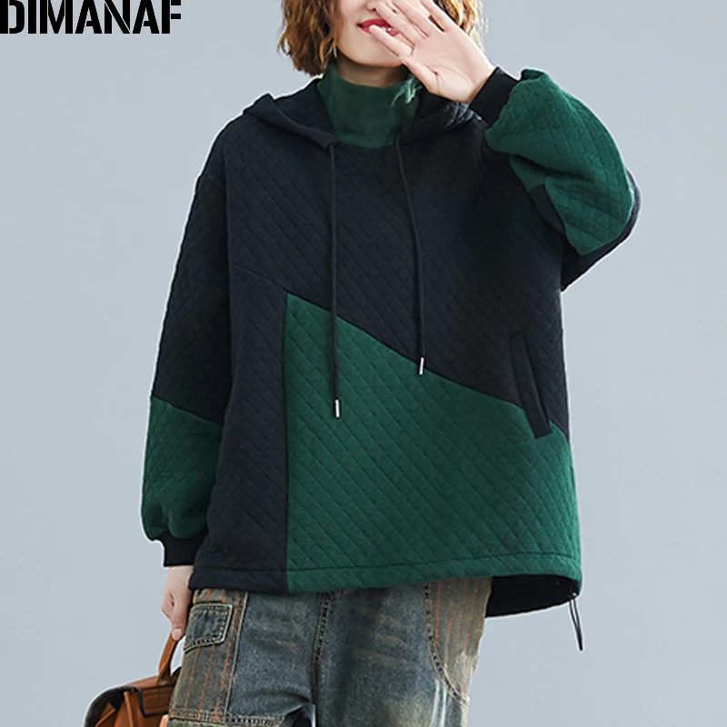

DIMANAF Autumn Winter Women Hoodies Sweatshirts Plus Size Thicken Cotton Female Clothes Loose Pullover Lady Tops Patchwork Plaid