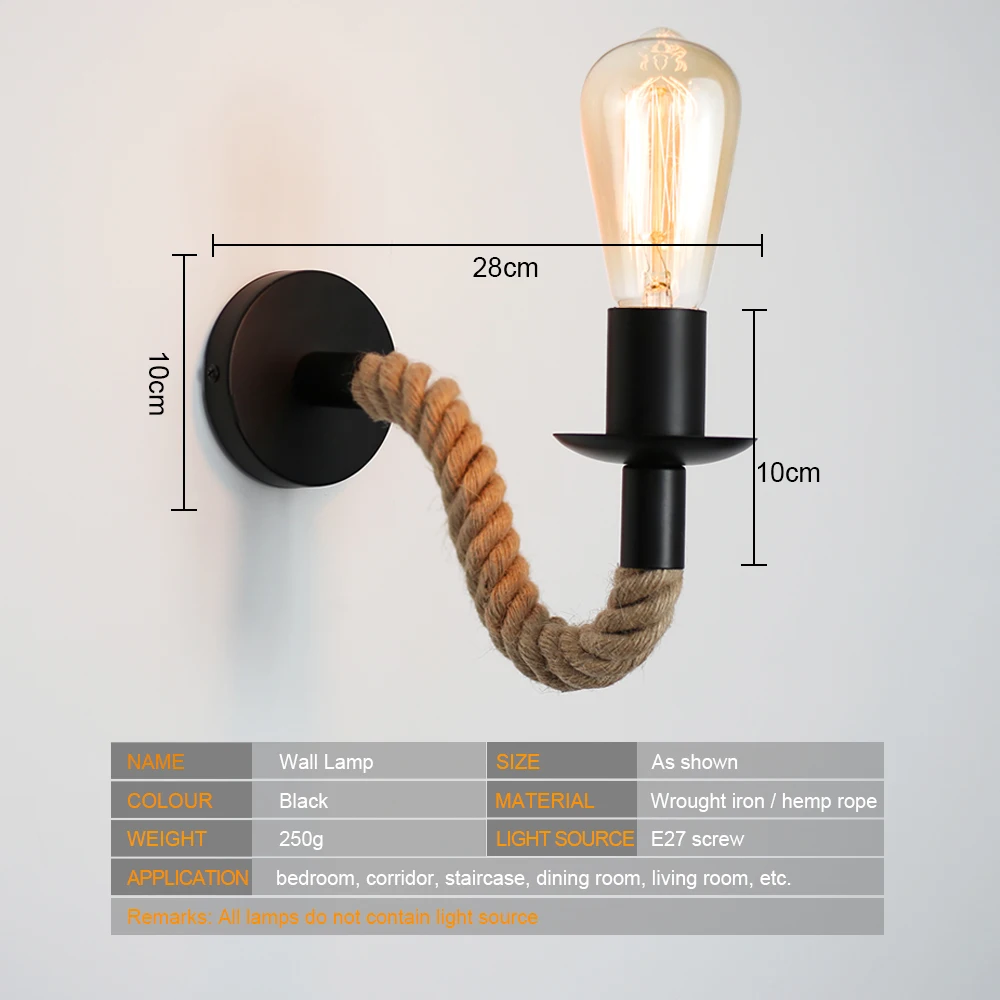 Wood Wall Lamp Vintage Hemp Rope Wall Lamp E27 110V 220V Industrial Sconce Bedside Indoor Loft Outdoor corridor Lights