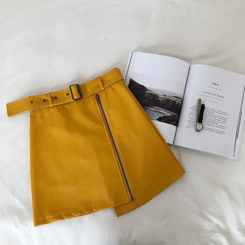 Осенне-зимняя женская юбка с высокой талией из искусственной кожи, черная на молнии с поясом, а-силуэт, Женская Сексуальная мини-юбка, Jupe Femme - Цвет: Yellow