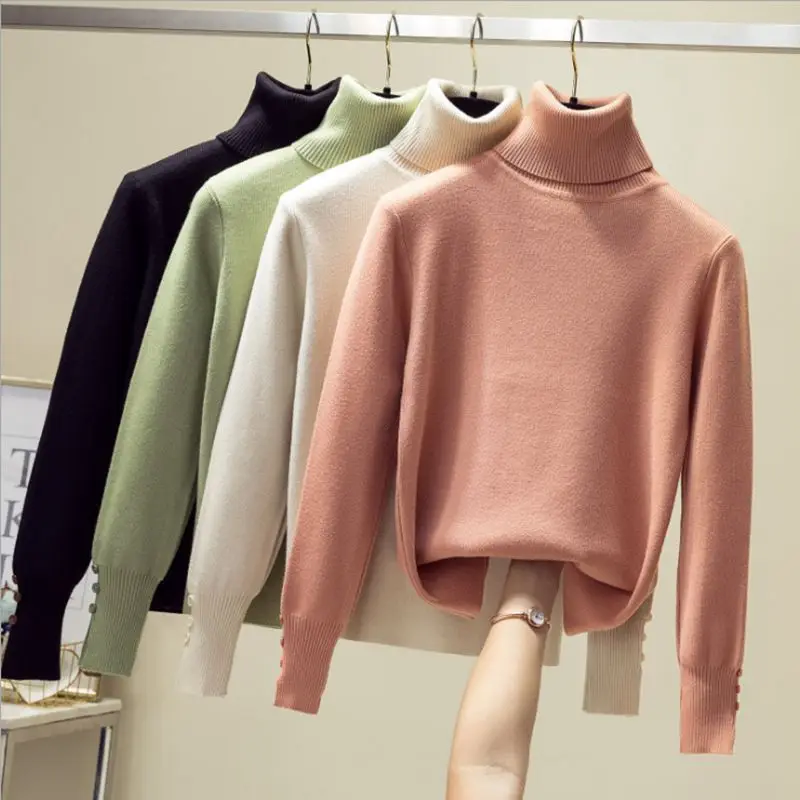 Fashionable Women Knitted Sweater Ladies solid autumn winter Long Sleeve Turtle Neck Sweater Pullover