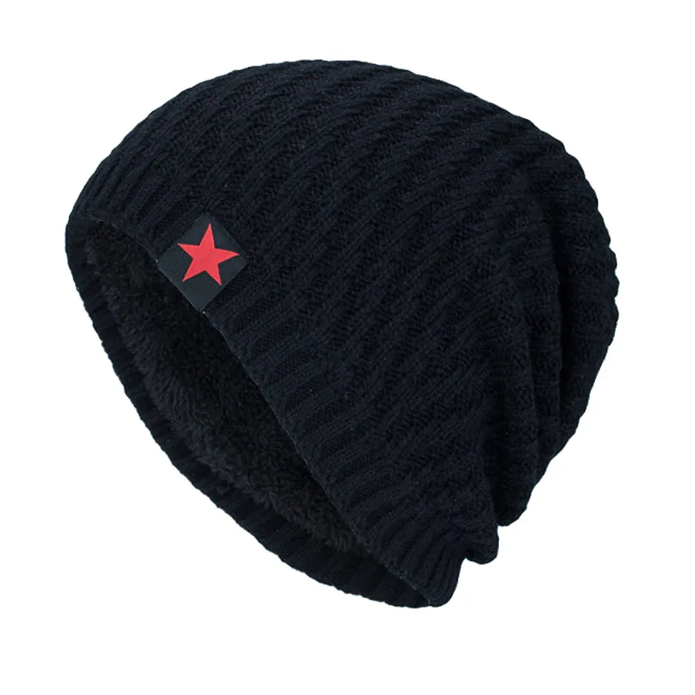 Черный Осенняя мужская зимняя шапка вязаная пятизвездная полосатая шапка женская мешковатая шляпа унисекс шапка сохраняющая тепло шерстяная шапка - Цвет: Черный