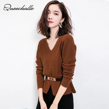 

10 Colors Knitted Sweater Autumn Winter Long Sleeve V neck Casual Pullover Sweater Women Short Style Slim Knitting Tops Khaki