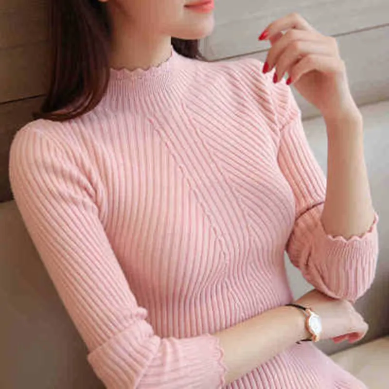 

Women Lady Sweater High Elastic Solid Turtleneck Sweater Knitted Pullovers