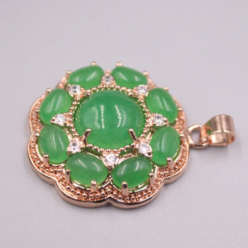 New 18K GP With Green Chalcedony Pendant Round Zircon Pendant  Best Gift 35x28mm