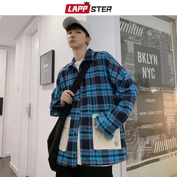 

LAPPSTER Men Harajuku Streetwear Plaid Shirts 2020 Mens Patchwork Shirt Long Sleeve Autumn Hip Hop Fashions Cotton Shirt 5XL
