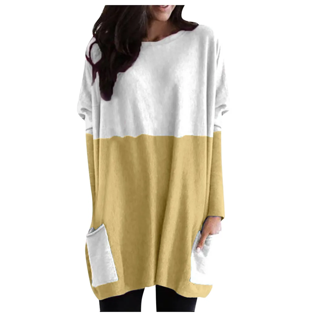 Blusas Mujer De Moda, женские модные повседневные свободные хлопковые топы с длинным рукавом, карманами и круглым вырезом
