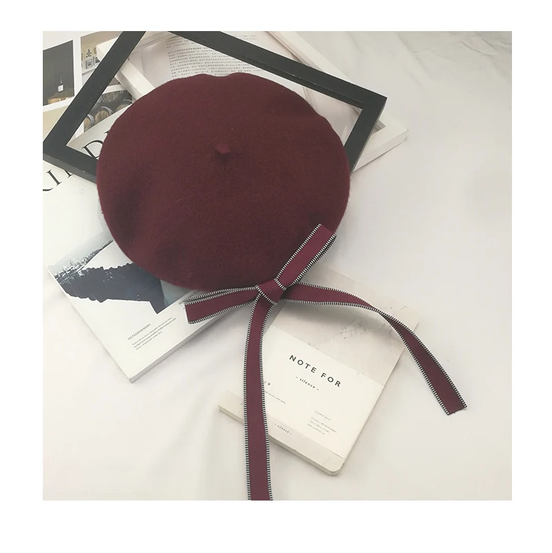 wine red Корейский Стильный берет шапки индивидуальный бант шерстяной берет Модная Леди Осень Зима маляр шляпа черные шляпы Модные аксессуары - Цвет: wine red