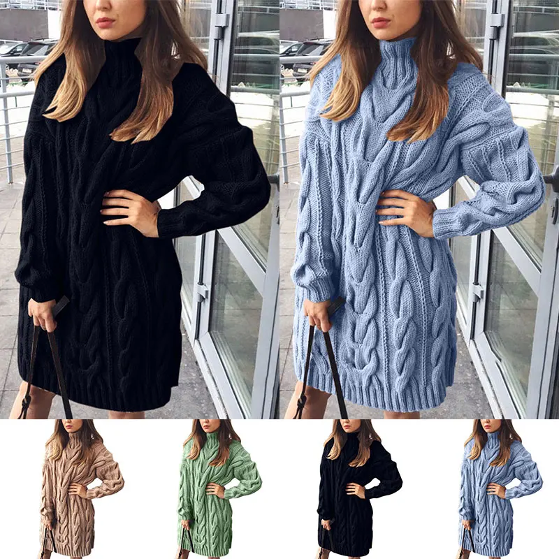 

Long Sleeve Dresses High Collar Loose Twisted Flowers Knitwear Medium Length Sweater Fashion Jumper Knitted Pullovers Fashion