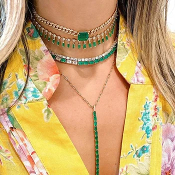 

New rectang CZ Tennis Chain baguette necklace iced out white green Cubic Zirconia Gold Vermeil Baguette Choker Necklace Women