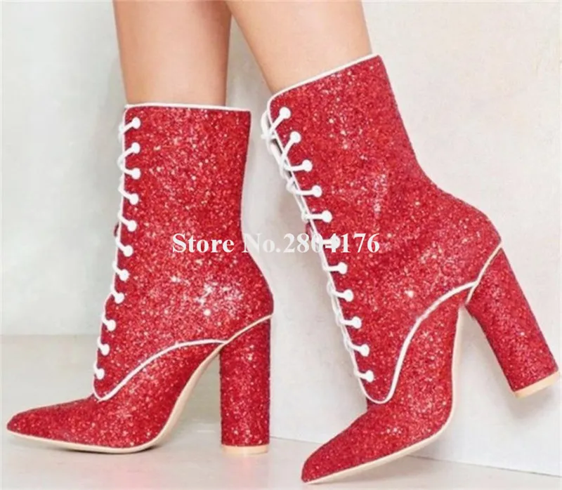 

Bling Bling Glitters Chunky Heel Short Boots Red Sequined Pointed Toe Lace-up Thick Heel Ankle Booties Big Size Shoes