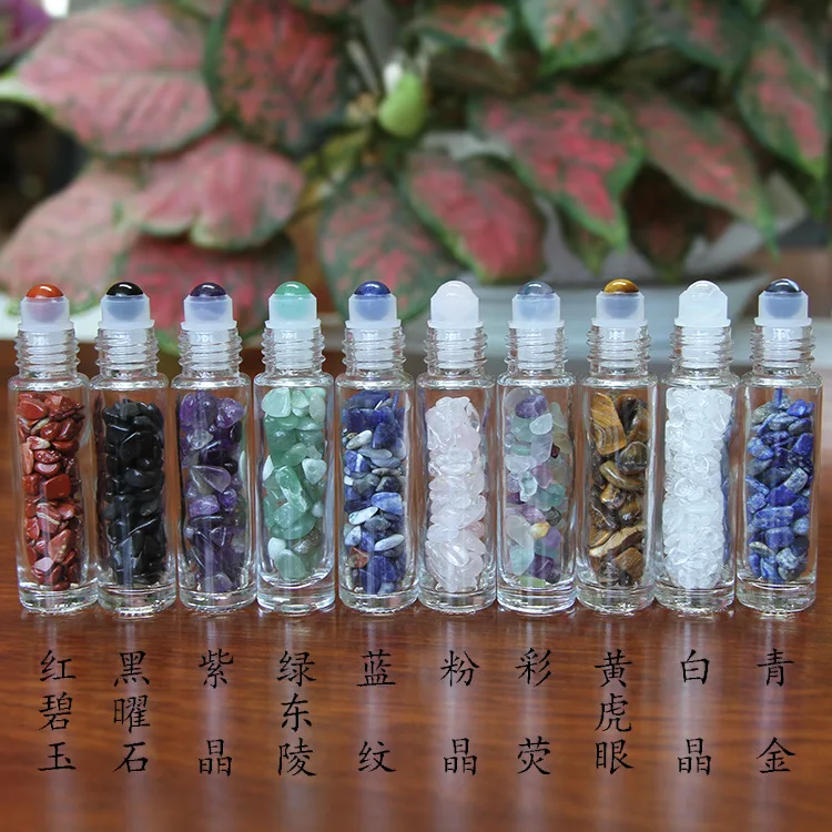 10ml Essential Oil Bottles Roll On Roller Ball Healing Crystal Chips Semiprecious Stones Bottles Refillable Bottle bamboo cap