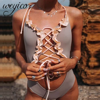 

Sexy Women One Piece Swimsuit Cross Lace Bathing Suit Beachwear Halter Swimming Female Swimwear maillot de bain femme 2020 New