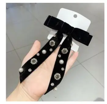 

women College wind black bow hairpins velvet retro diamond top hairpins