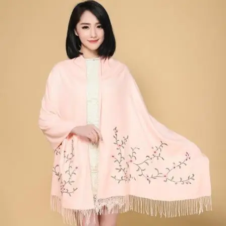 Горячая Распродажа, серый Вышитый цветочный шарф, женская зимняя утолщенная теплая шаль с кисточками, мягкая кашемировая шаль из пашмины для женщин - Цвет: pink