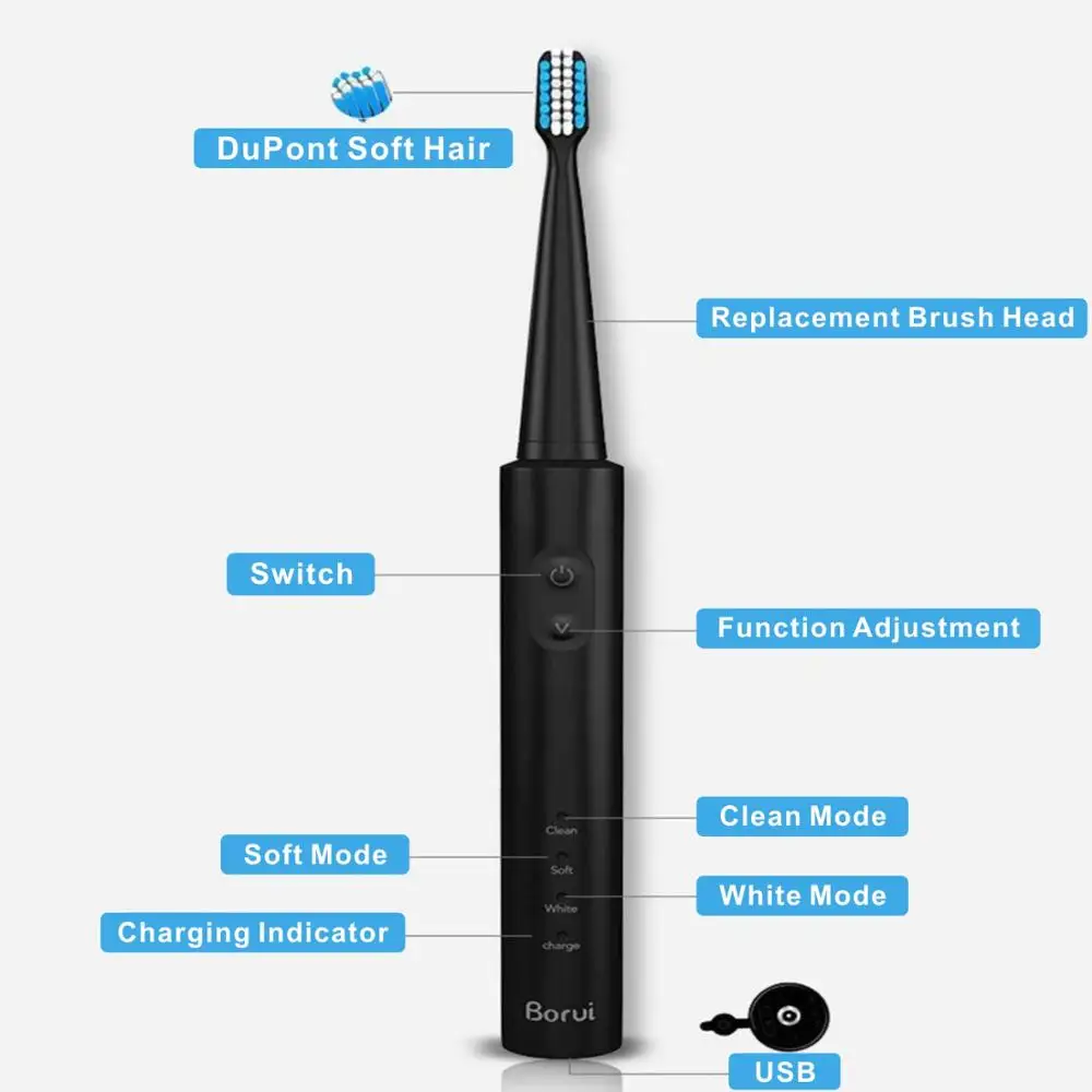 Вибрационная электрическая зубная щетка перезаряжаемая USB зарядка для взрослых