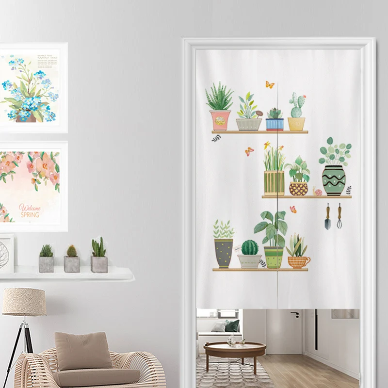 

Japanese Nordic Green Plant Door Curtain Cartoon Pattern Polyester Fabric Kitchen Restaurant Partition Decoration Screen Curtain
