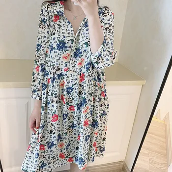 

100% Viscose Floral Women Mini Dress Loose Three Quarter Sleeve V-neck Printing Vintage Short Dress for Holiday