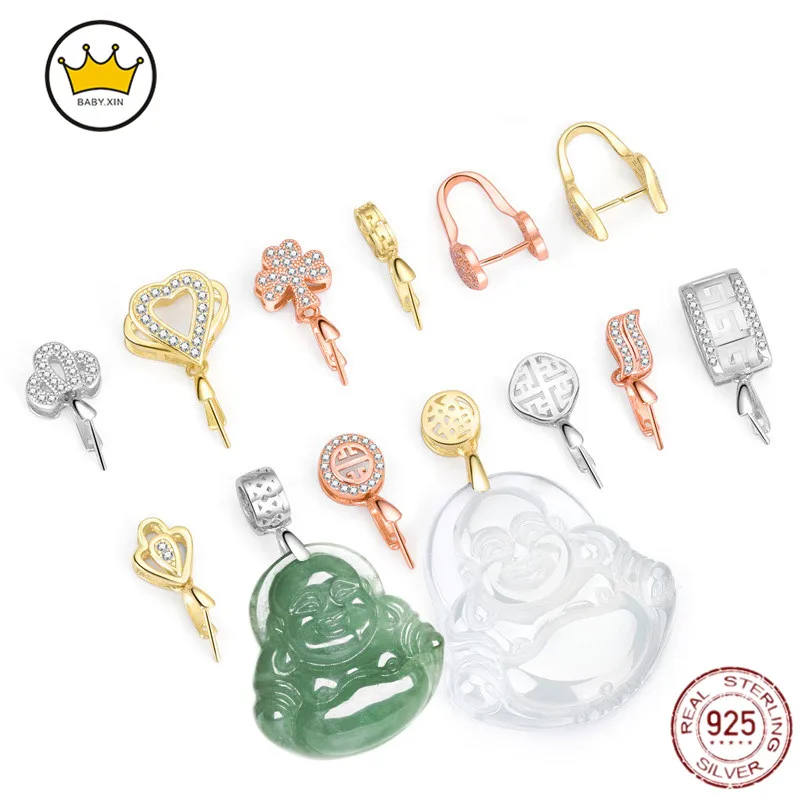 

DIY Jade Buckle Jewelry Making Accessories Wholesale S925 Sterling Silver Pendant Buckle Jade Clip Buckle Inlaid Zircon Buckle