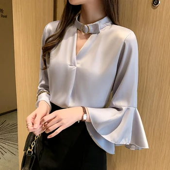 

COIGARSAM Ruffles blouse women New Spring V-Neck blusas womens tops and blouses White Pink Blue Gray Apricot 5823