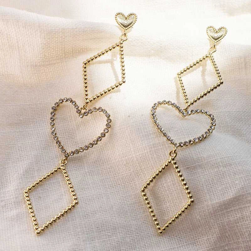 1Pair Hollow Geometric Rhombus Heart Gold Silver Color Long Earrings For Women Lady