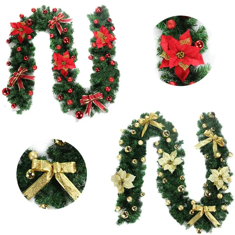 2.7M Christmas Garland Fireplace Stairs Gold Baubles Flowers Xmas Tree Decor Y1AB