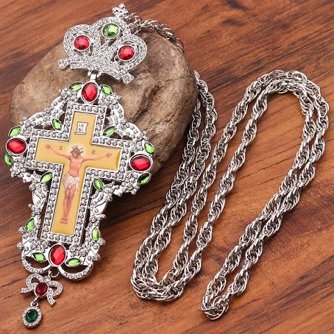 Религиозный крест длинное ожерелье с подвеской греческое Распятие ожерелье икона византийское искусство и ортодоксальная традиционность священный крест жрецы - Окраска металла: 4